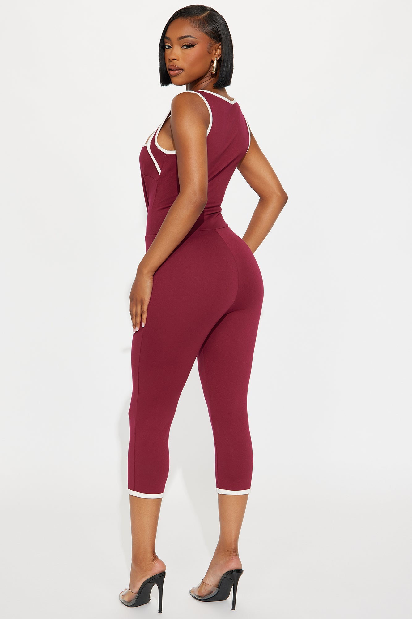 His Loss Contrast Trim Capri Jumpsuit - Wine