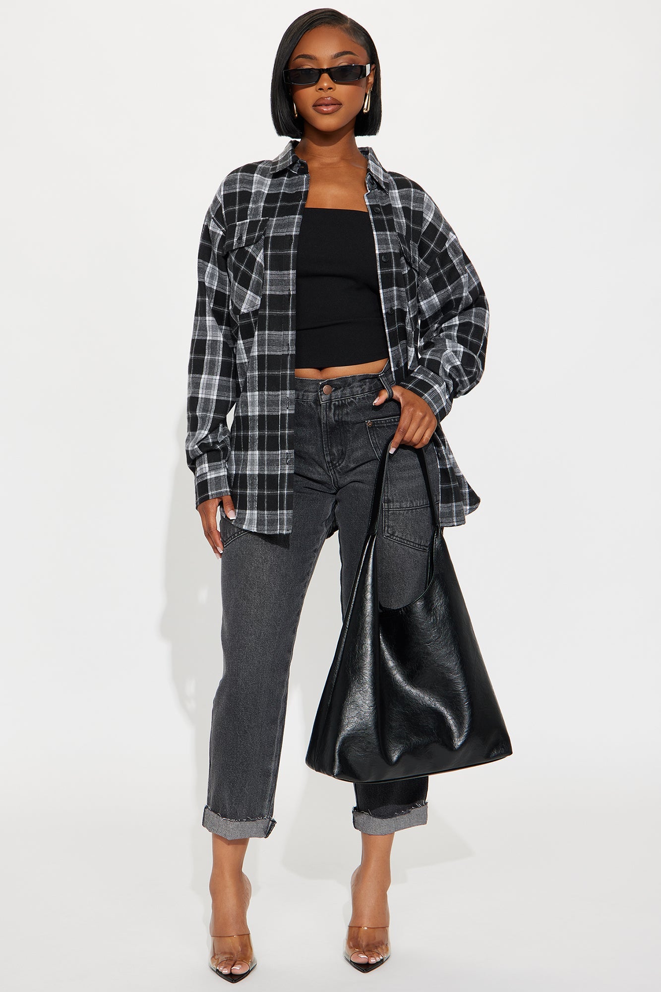 Pull Up Flannel Plaid Shirt - Black/combo
