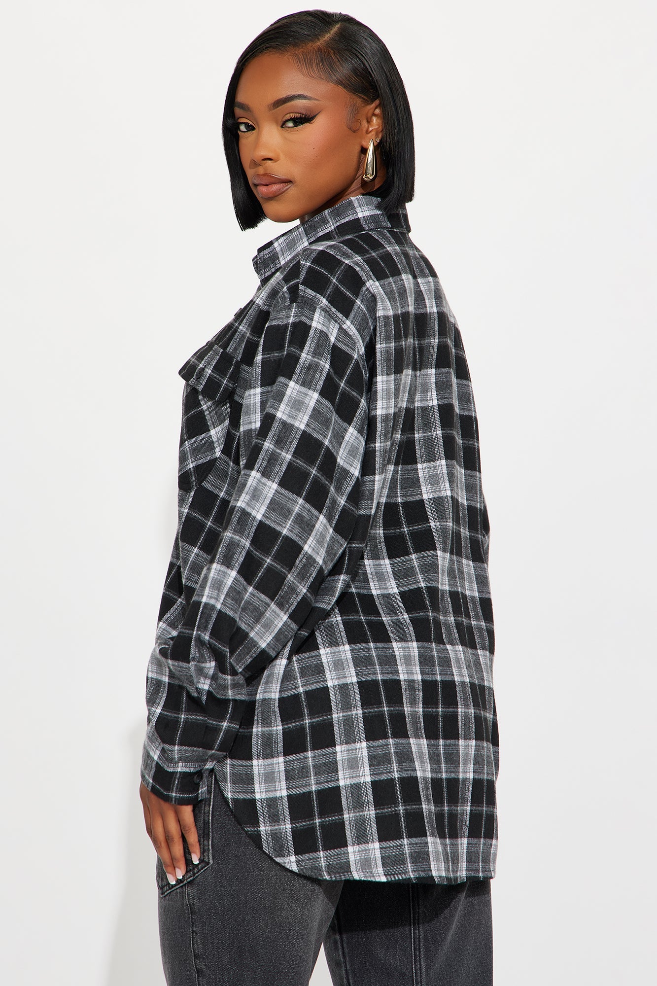 Pull Up Flannel Plaid Shirt - Black/combo