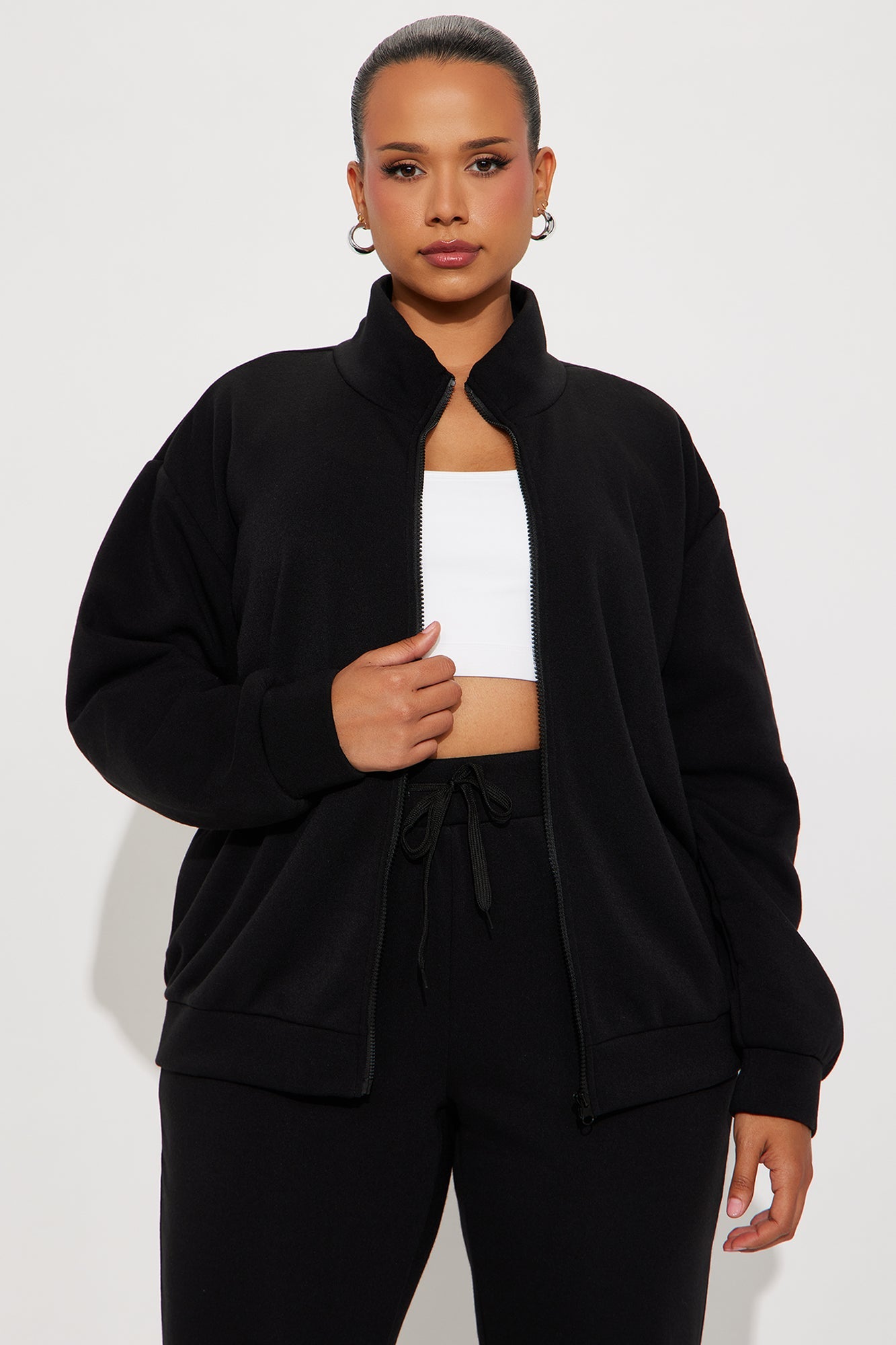 Demi Zip Up Fleece Pant Set - Black