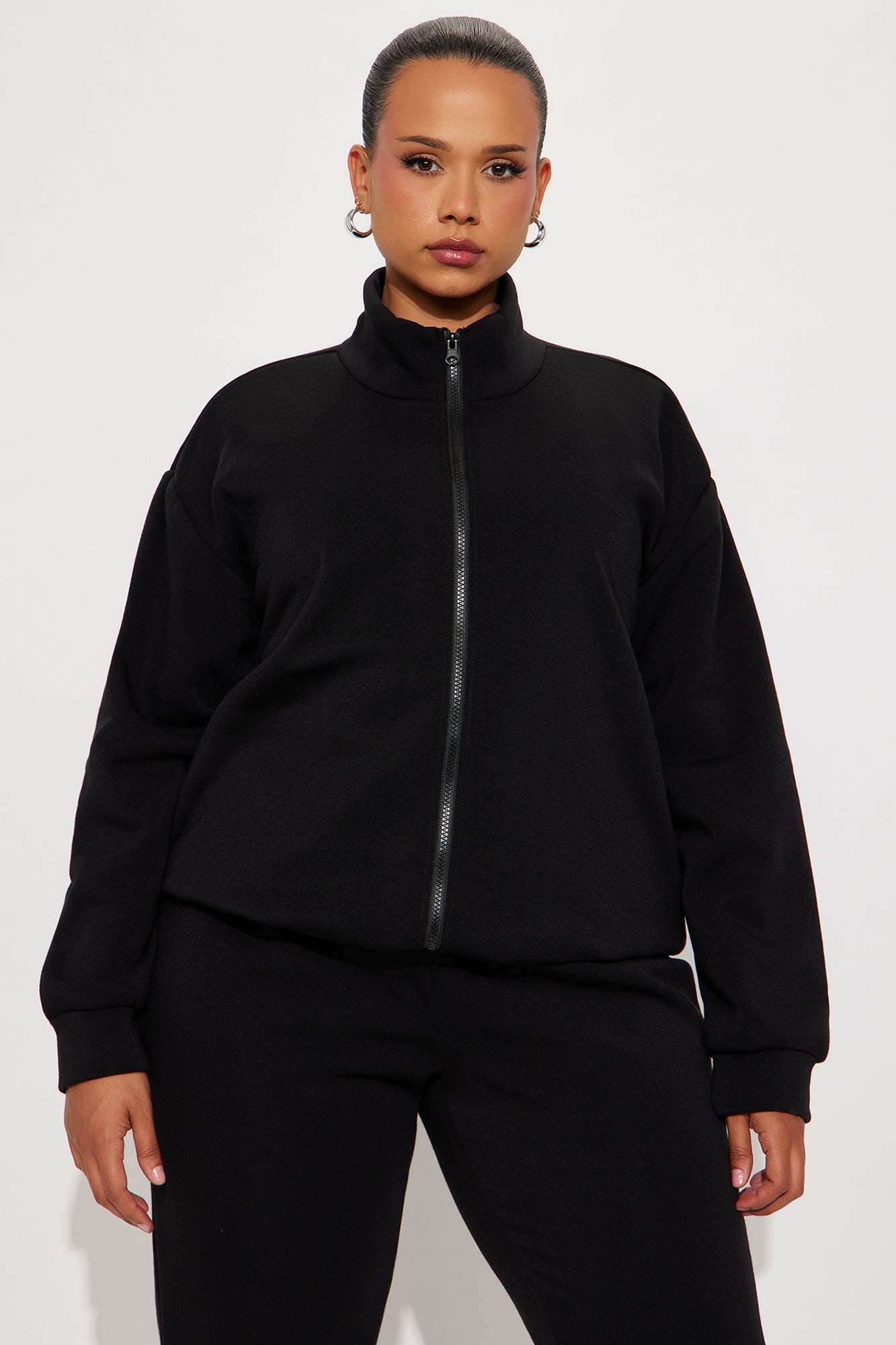 Demi Zip Up Fleece Pant Set - Black