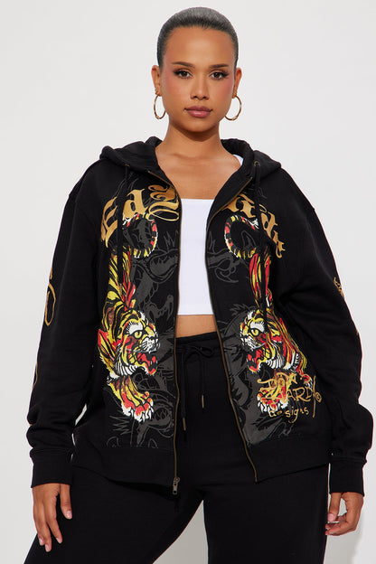 Ed Hardy Deja Vu Tiger Zip Up Hoodie - Black
