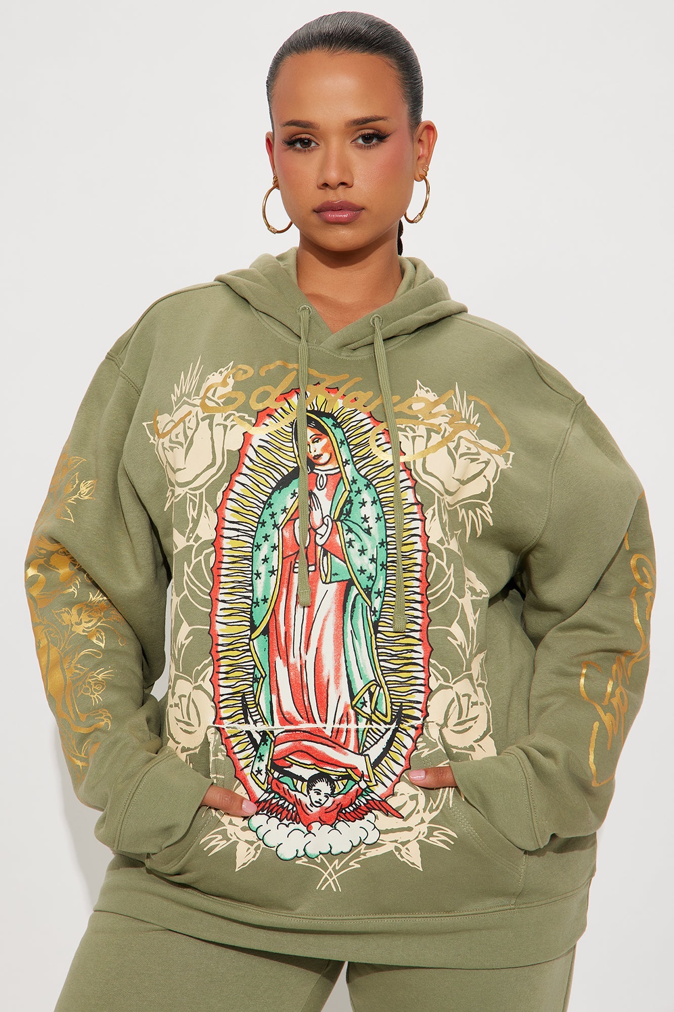 Ed Hardy Mary Roses Oversized Hoodie - Sage