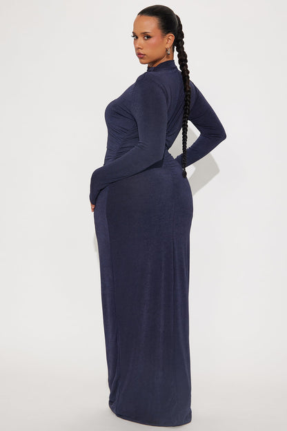 Ella Mock Neck Long Sleeve Maxi Dress - Navy