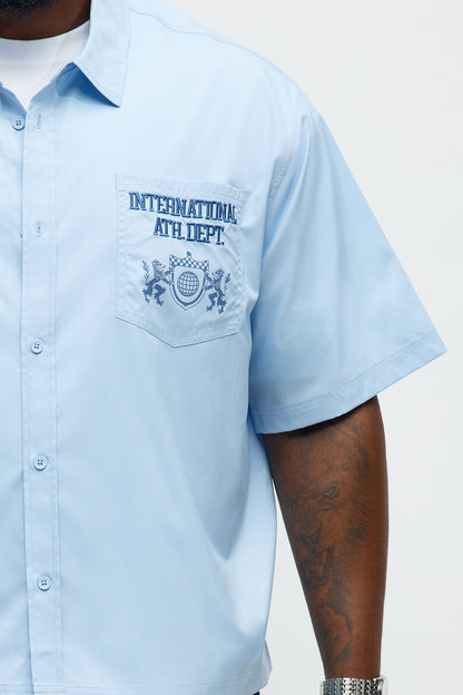 Cropped Athletic Dept. Short Sleeve Button Up Shirt - Blue