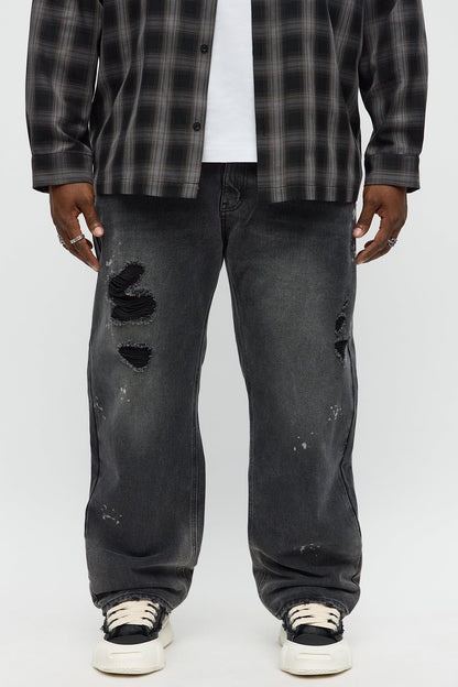 Straight Nocturnal Edge Distressed Jeans - Black Wash