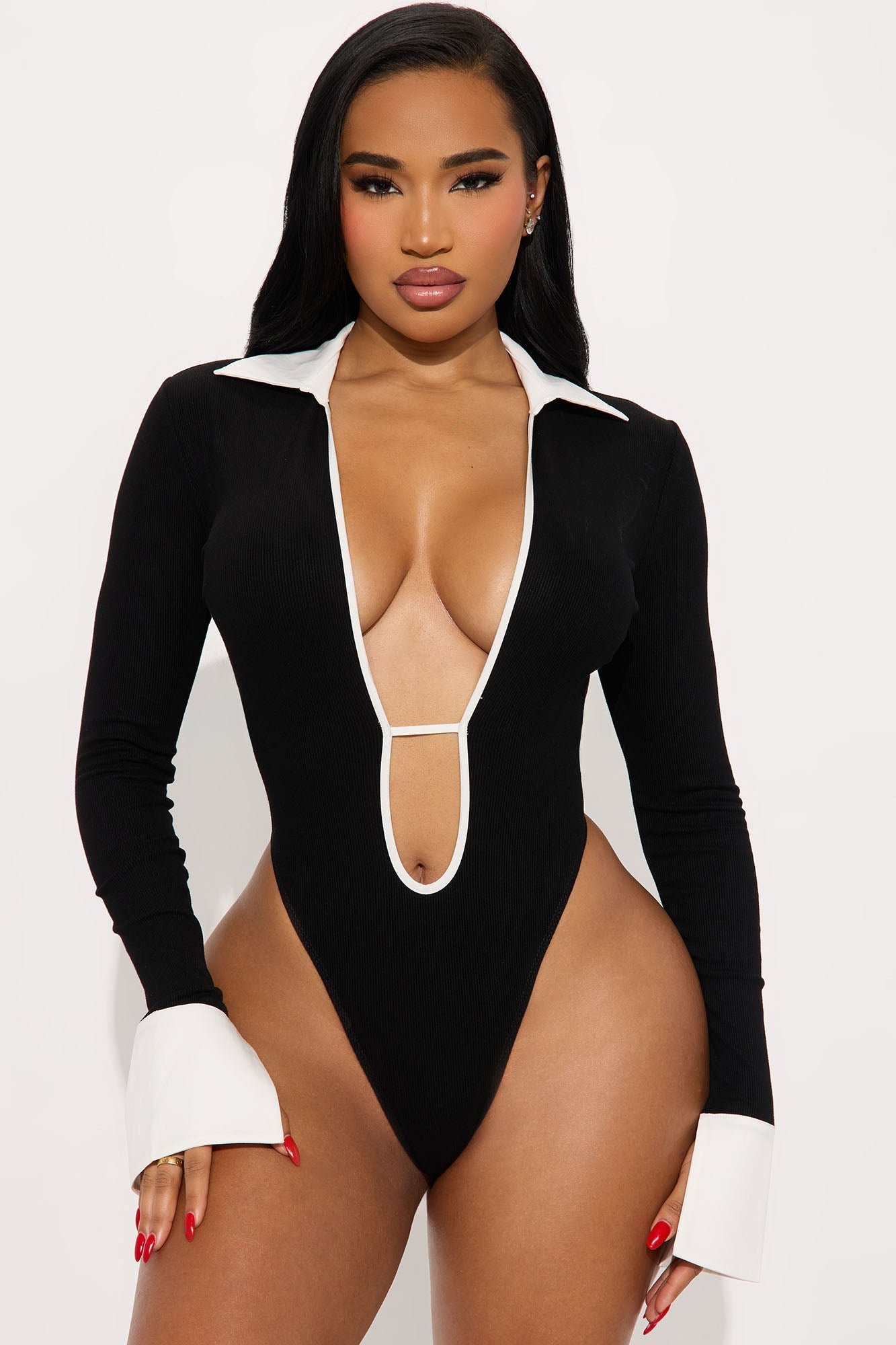 Jalynn Ribbed Long Sleeve Bodysuit - Black/White