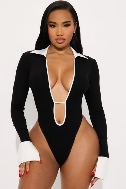 Jalynn Ribbed Long Sleeve Bodysuit - Black/White