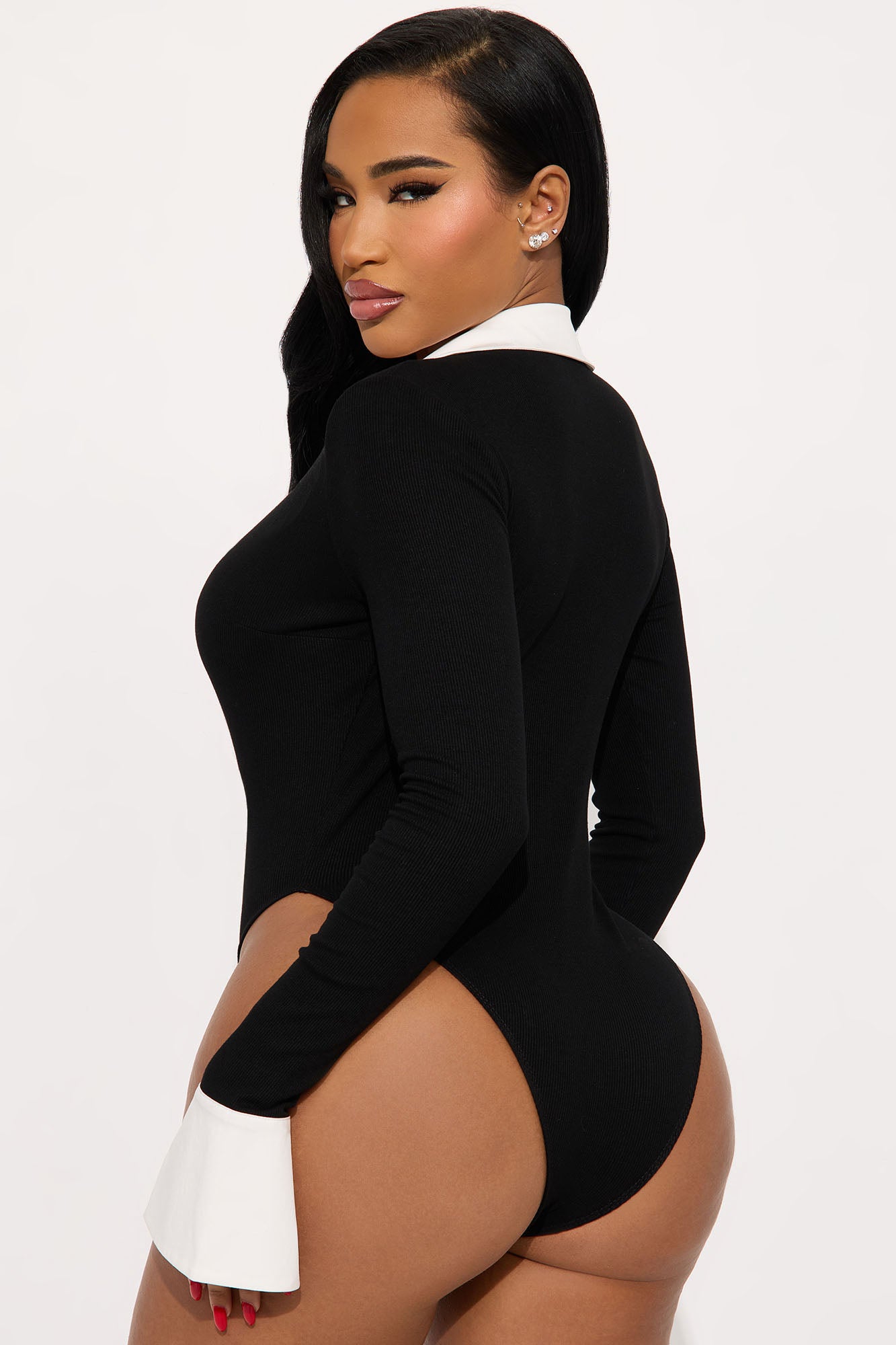 Jalynn Ribbed Long Sleeve Bodysuit - Black/White