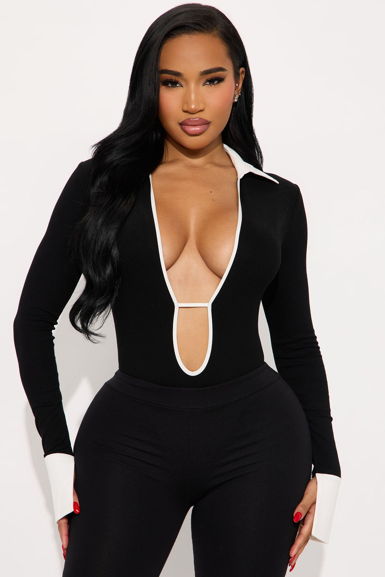 Jalynn Ribbed Long Sleeve Bodysuit - Black/White