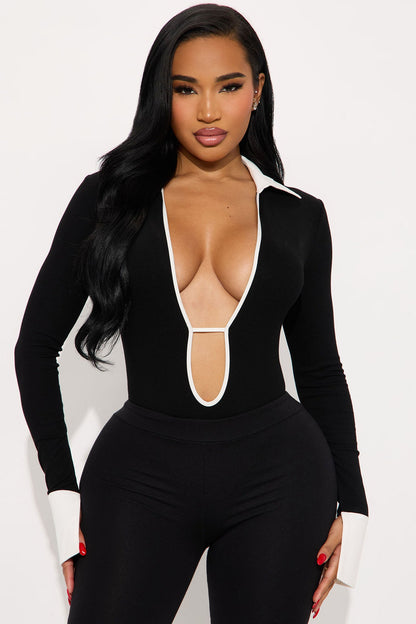 Jalynn Ribbed Long Sleeve Bodysuit - Black/White