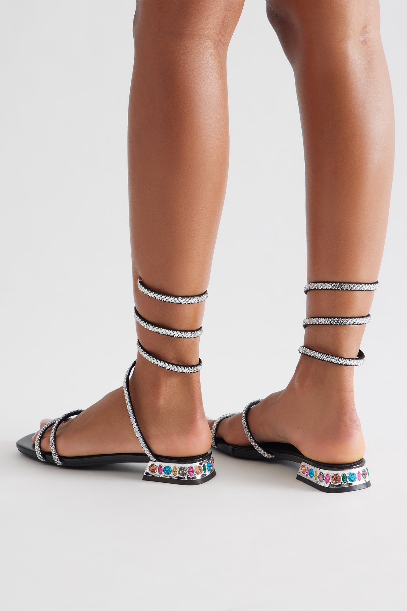 Vessy Rhinestone Wrap Up Sandals - Black