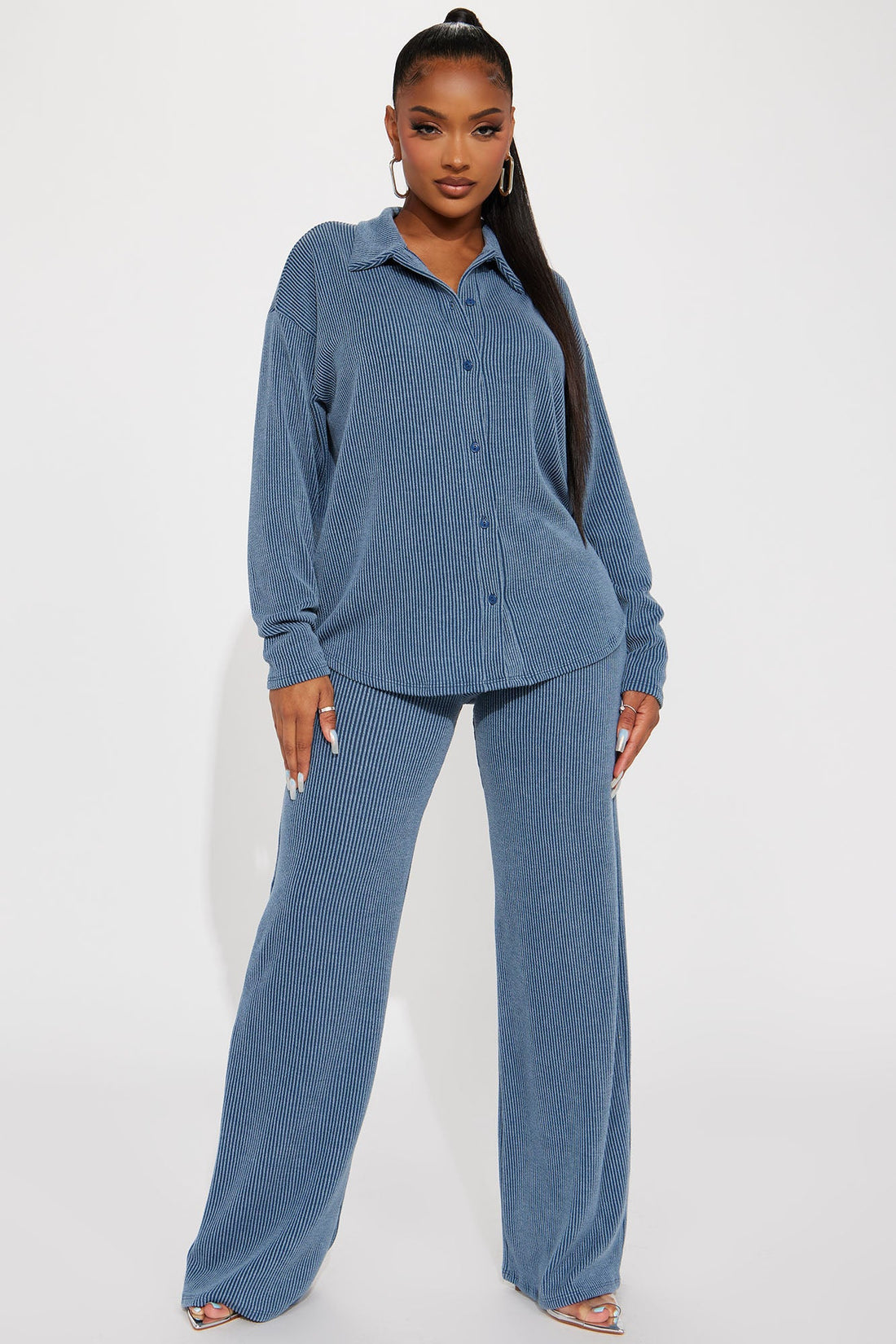 Leanne Ribbed Pant Set - Dark Denim