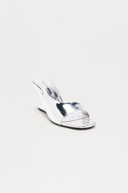 Curve Faux Patent Wedges - Silver