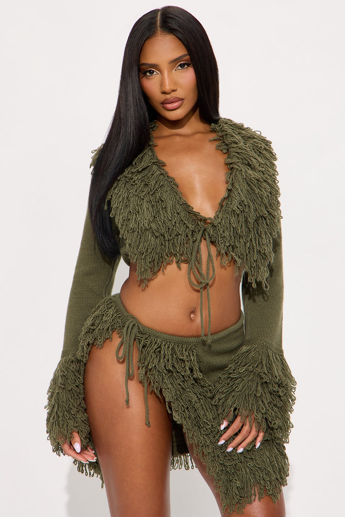 Falling For Me Fringe Sweater Skirt Set - Olive