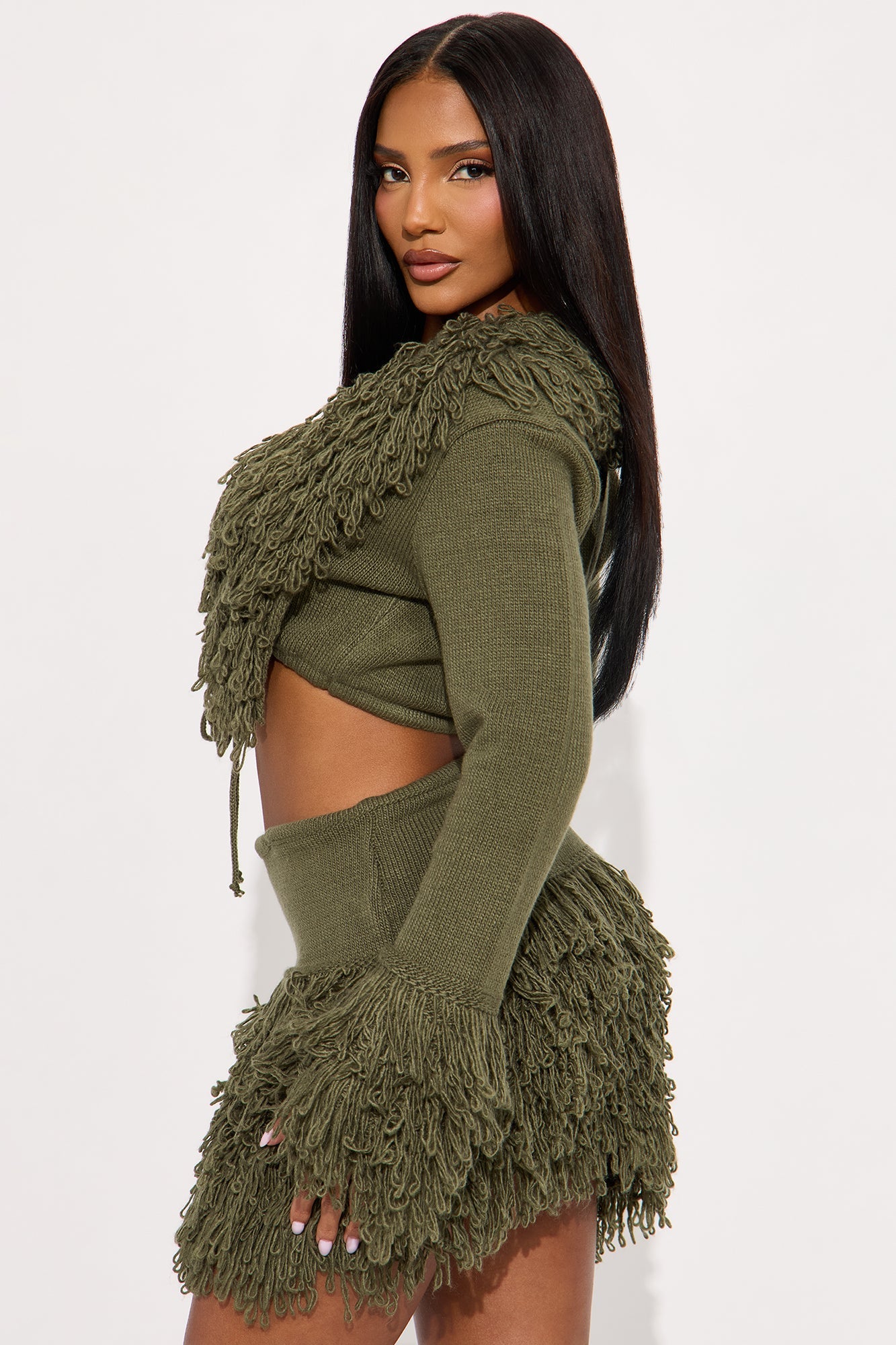 Falling For Me Fringe Sweater Skirt Set - Olive