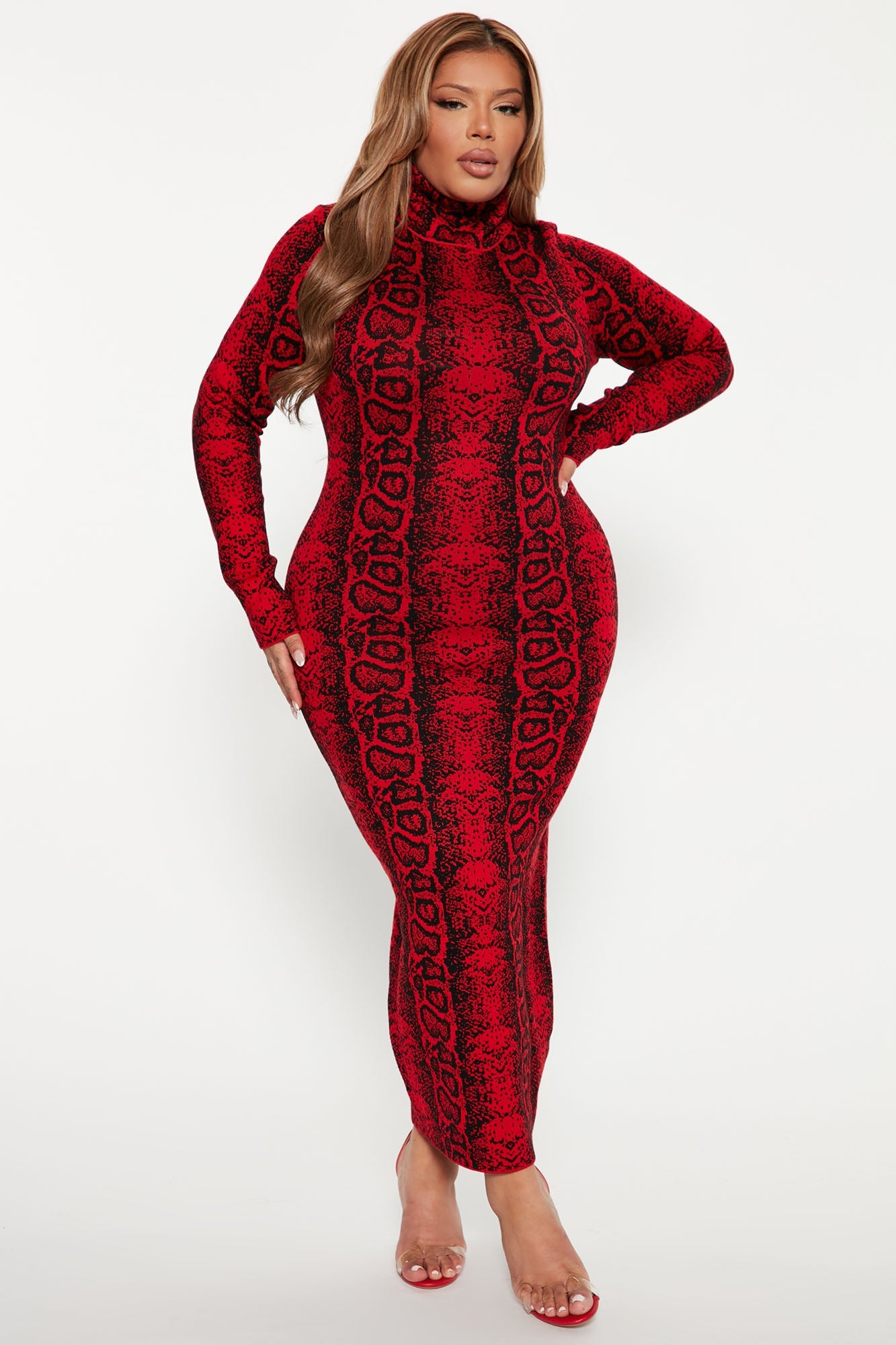 Saucy Snake Sweater Midi Dress - Red/Black
