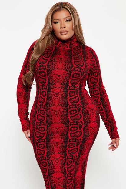 Saucy Snake Sweater Midi Dress - Red/Black