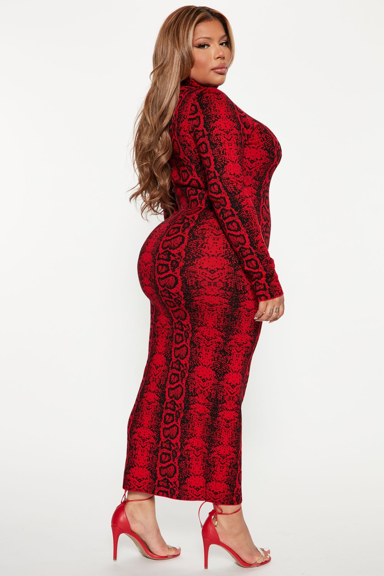 Saucy Snake Sweater Midi Dress - Red/Black