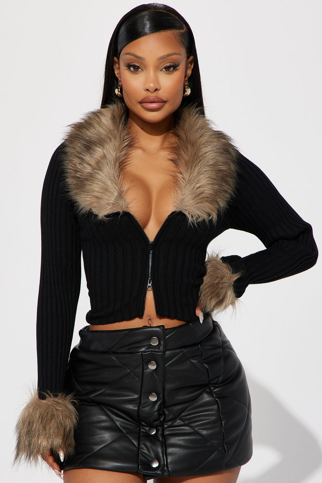 Furever Feeling Faux Fur Cropped Cardigan - Black/combo