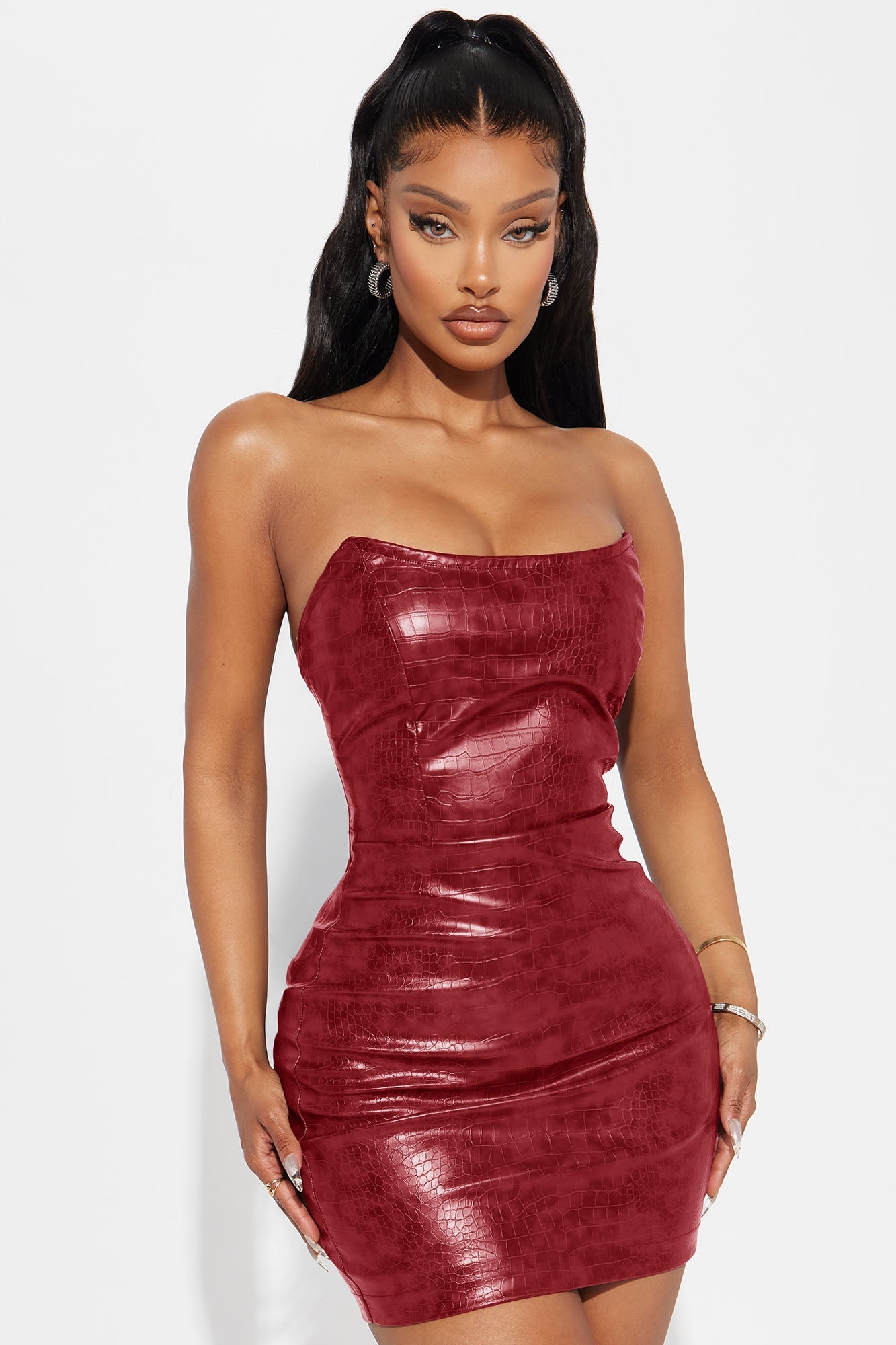 Hit The Gas Faux Leather Trench and Mini Dress Set - Wine