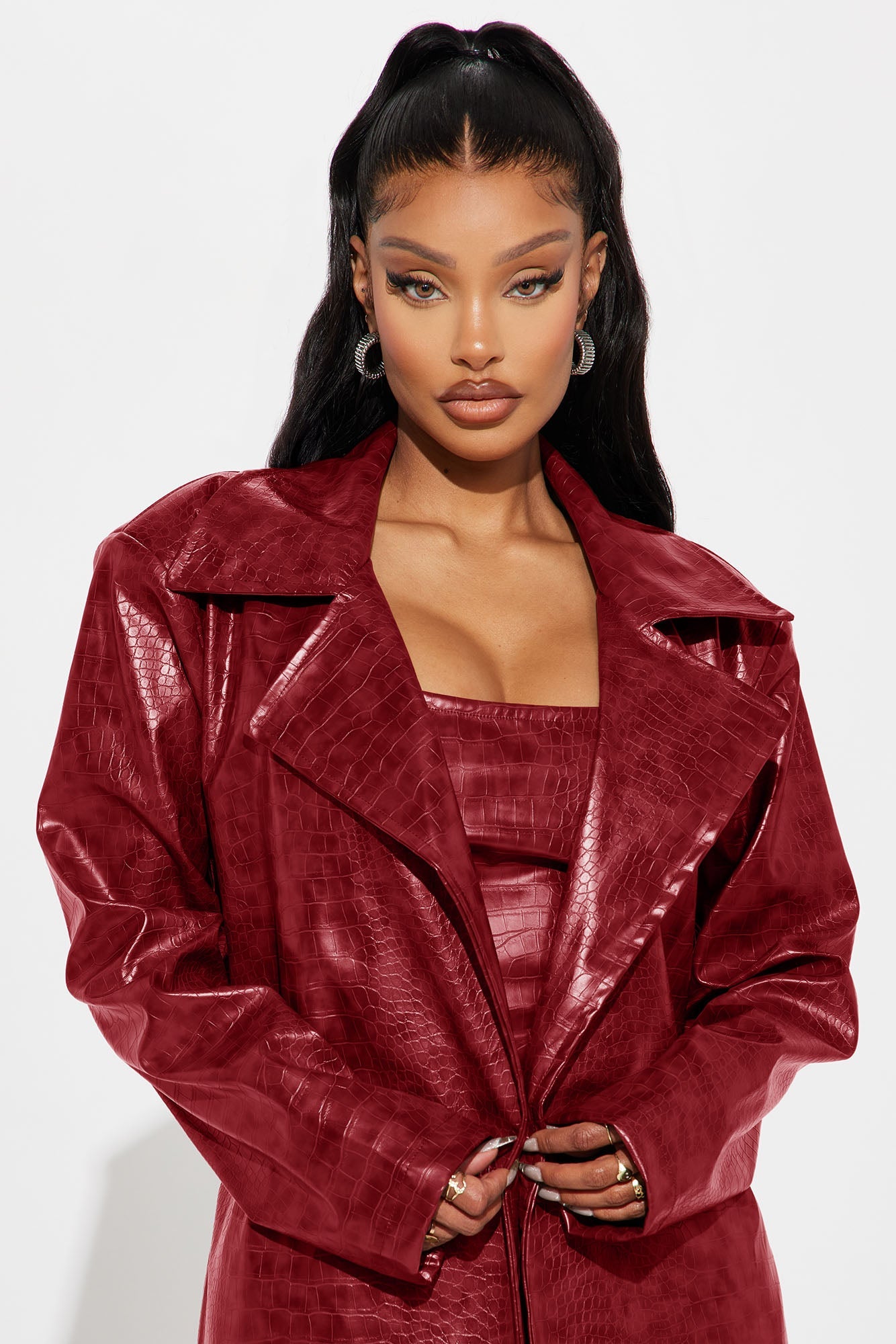 Hit The Gas Faux Leather Trench and Mini Dress Set - Wine