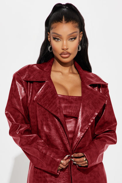 Hit The Gas Faux Leather Trench and Mini Dress Set - Wine
