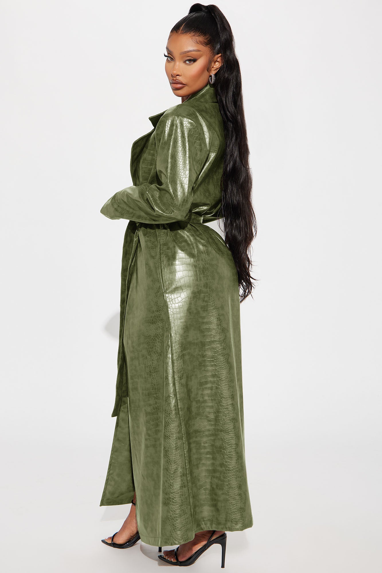 Hit The Gas Faux Leather Trench and Mini Dress Set - Olive