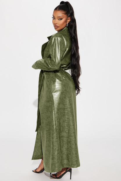 Hit The Gas Faux Leather Trench and Mini Dress Set - Olive