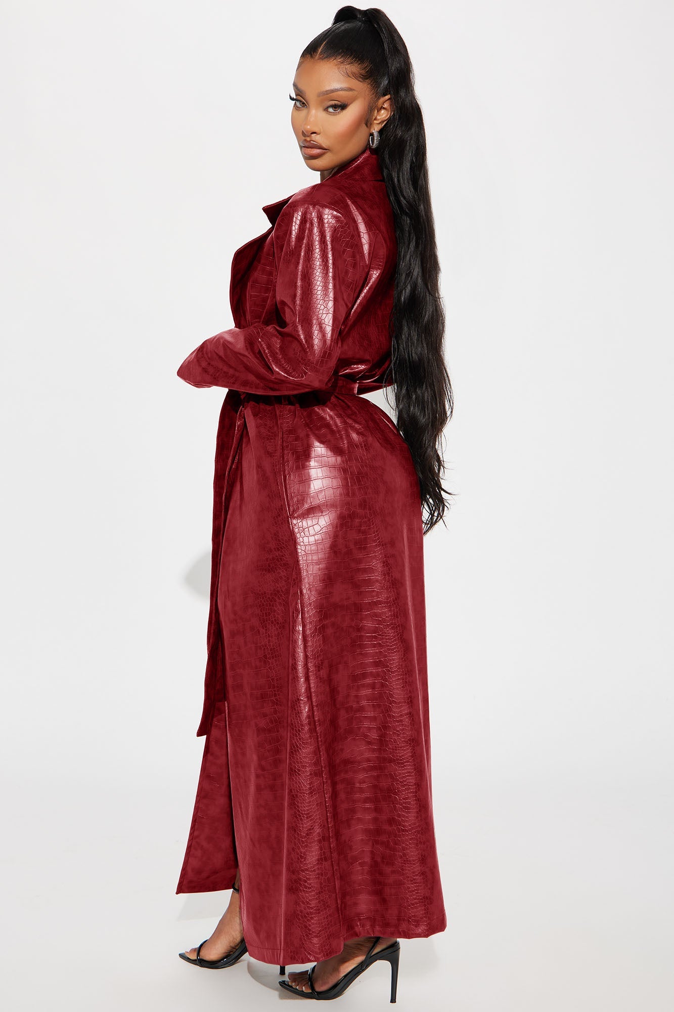 Hit The Gas Faux Leather Trench and Mini Dress Set - Wine