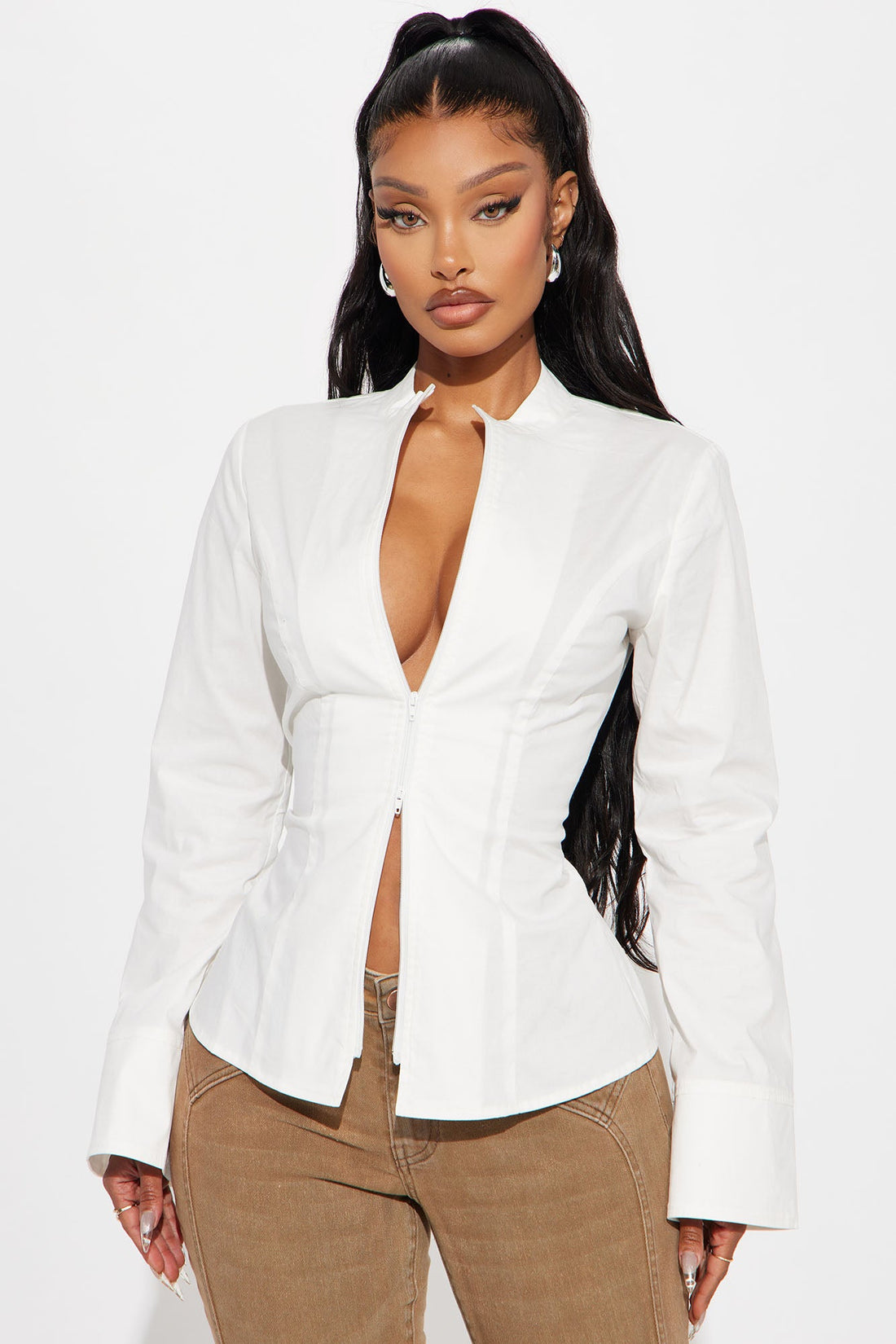 Kara Poplin Zip Up Shirt - White