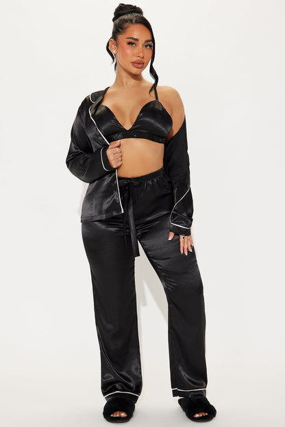 Sleeping In Late Satin 3 Piece PJ Pant Set - Black