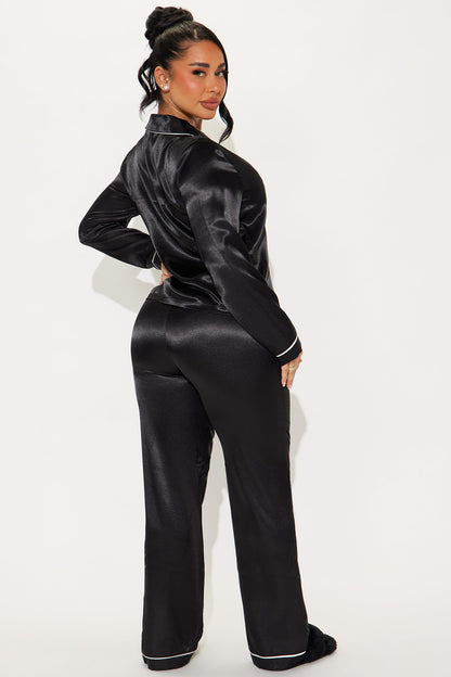 Sleeping In Late Satin 3 Piece PJ Pant Set - Black