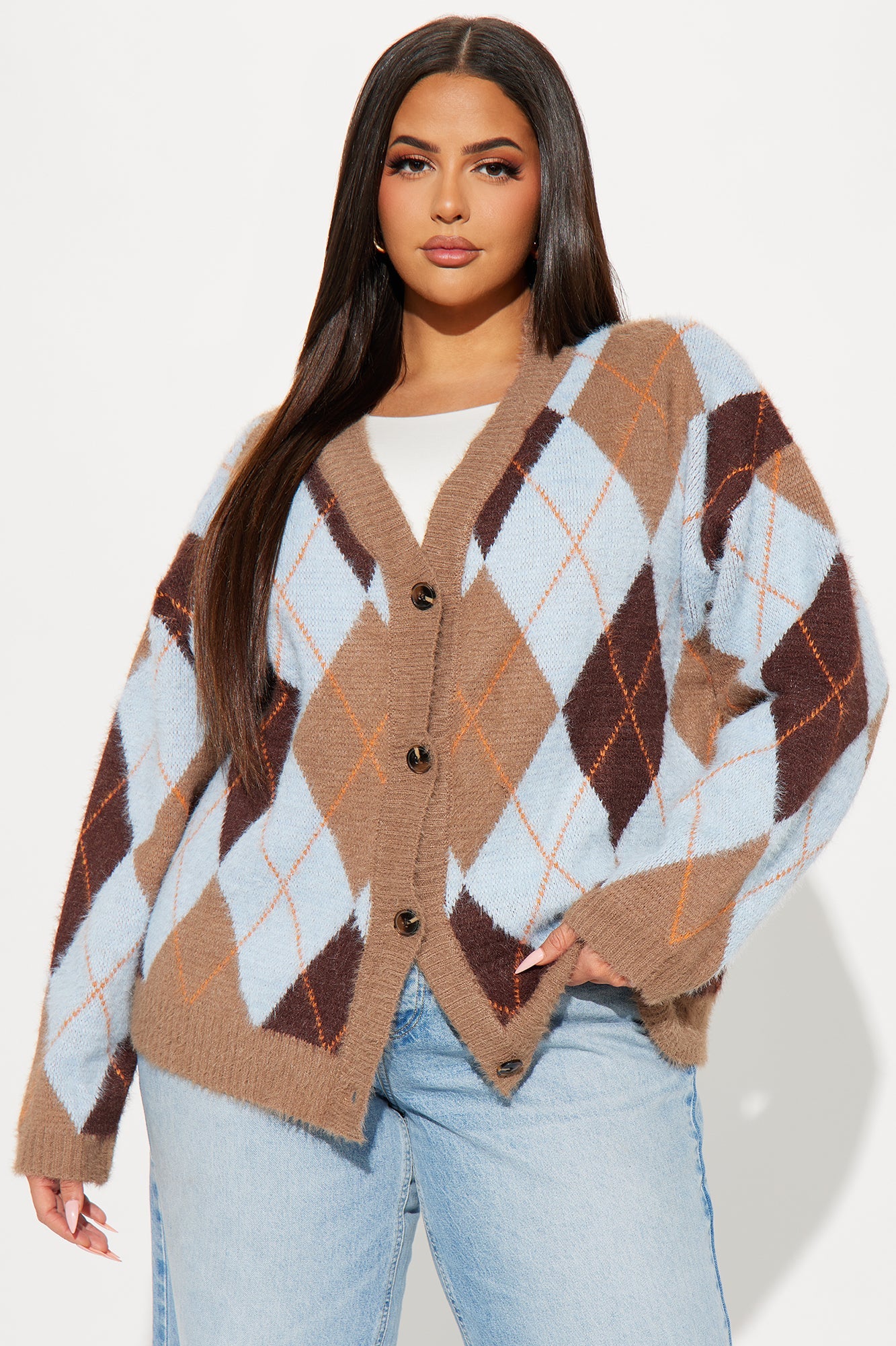 Preppy Girl Argyle Cardigan - Taupe/combo