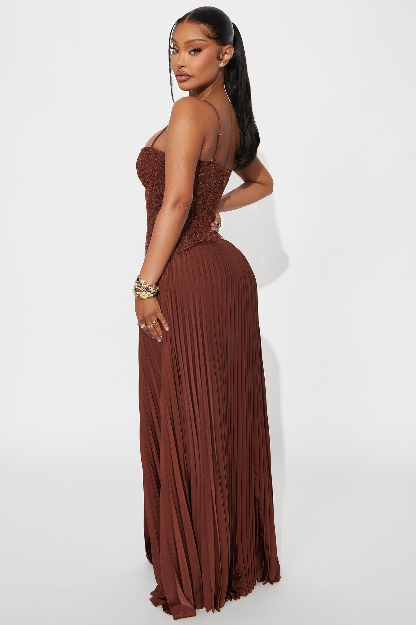 Daniella Lace Corset Pleated Maxi Dress - Chocolate
