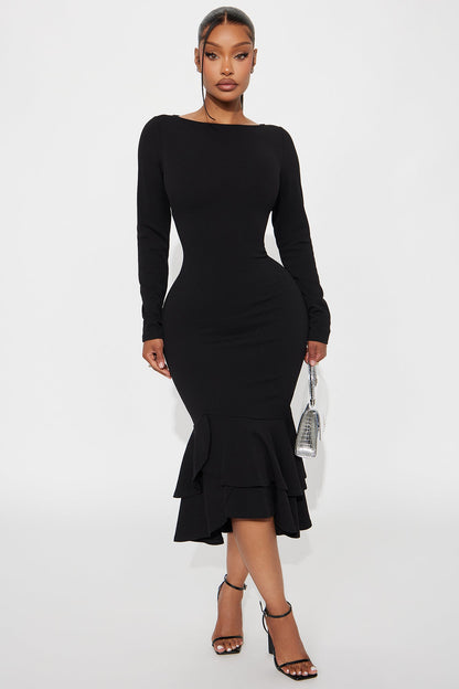 Bianca Long Sleeve Peplum Midi Dress - Black