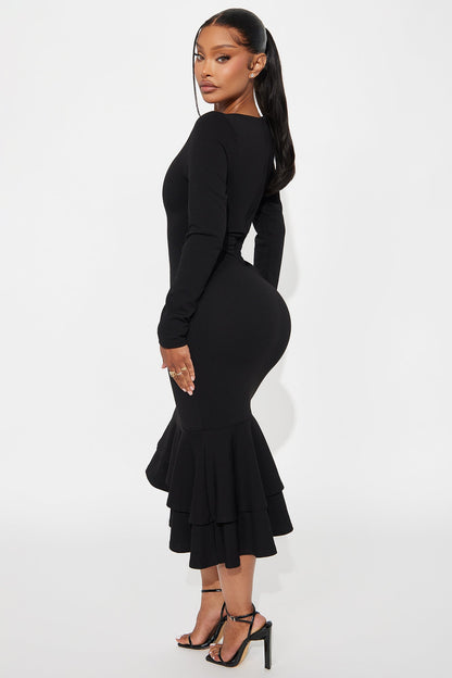 Bianca Long Sleeve Peplum Midi Dress - Black