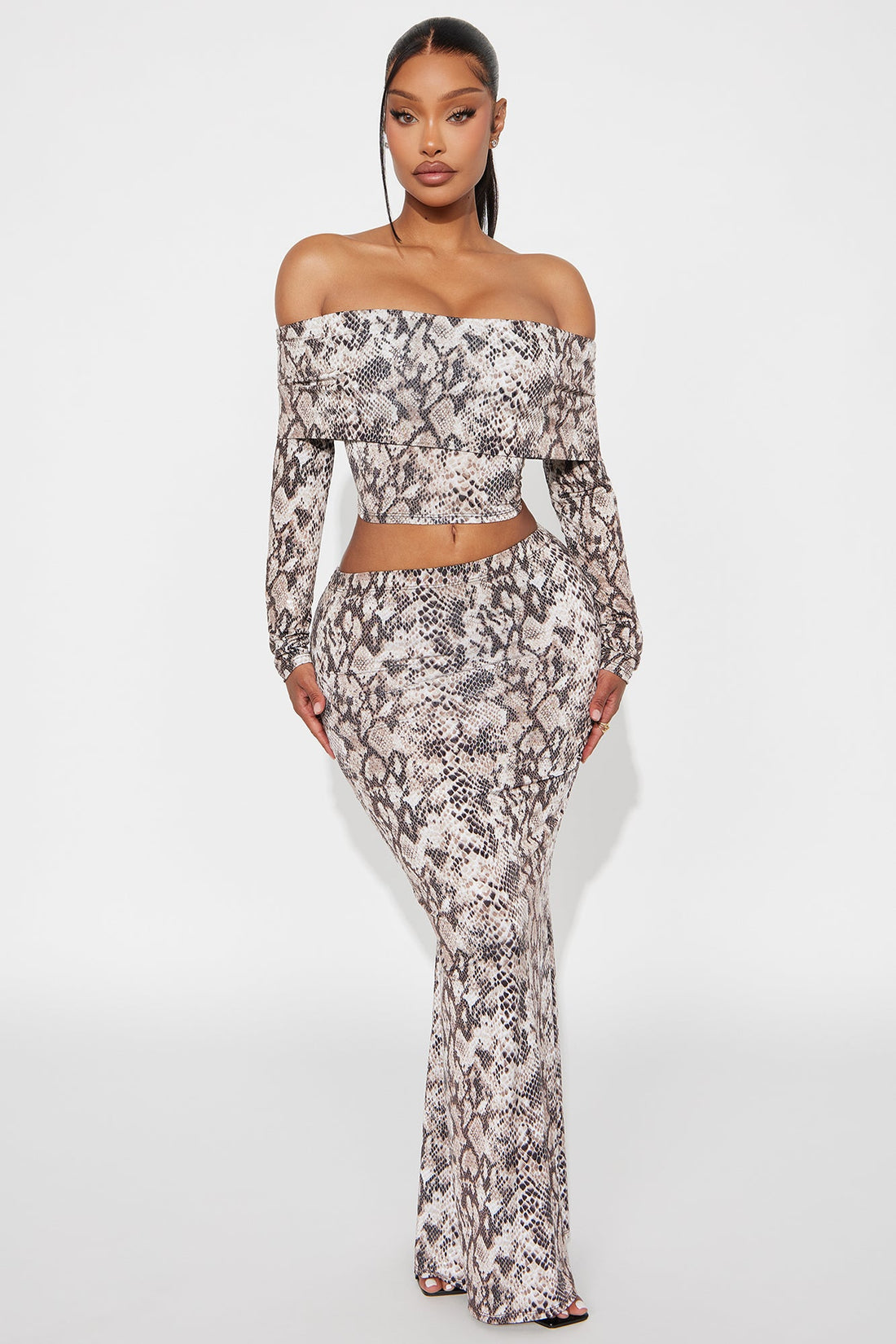 Soleil Snake Print Maxi Skirt Set - Taupe/combo
