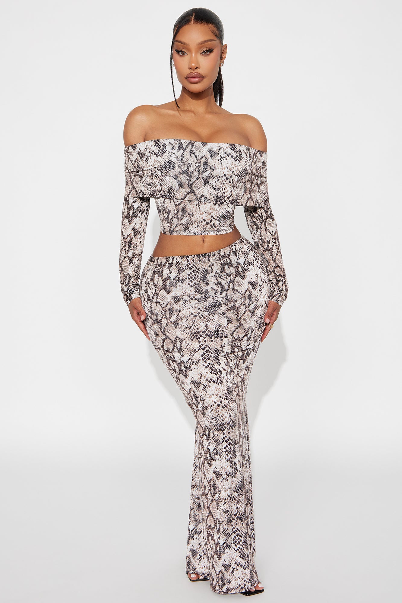 Soleil Snake Print Maxi Skirt Set - Taupe/combo