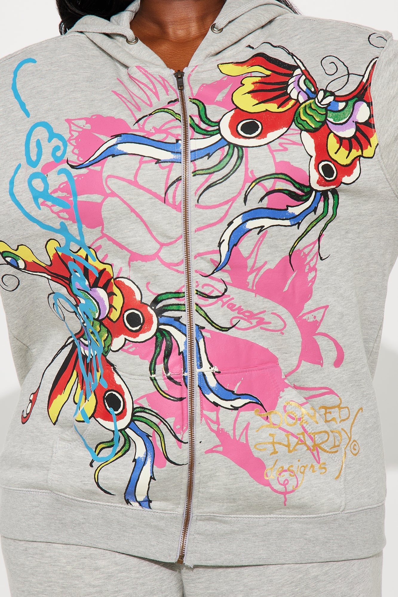 Ed Hardy Butterflies Zip Up Oversized Hoodie - Heather Grey