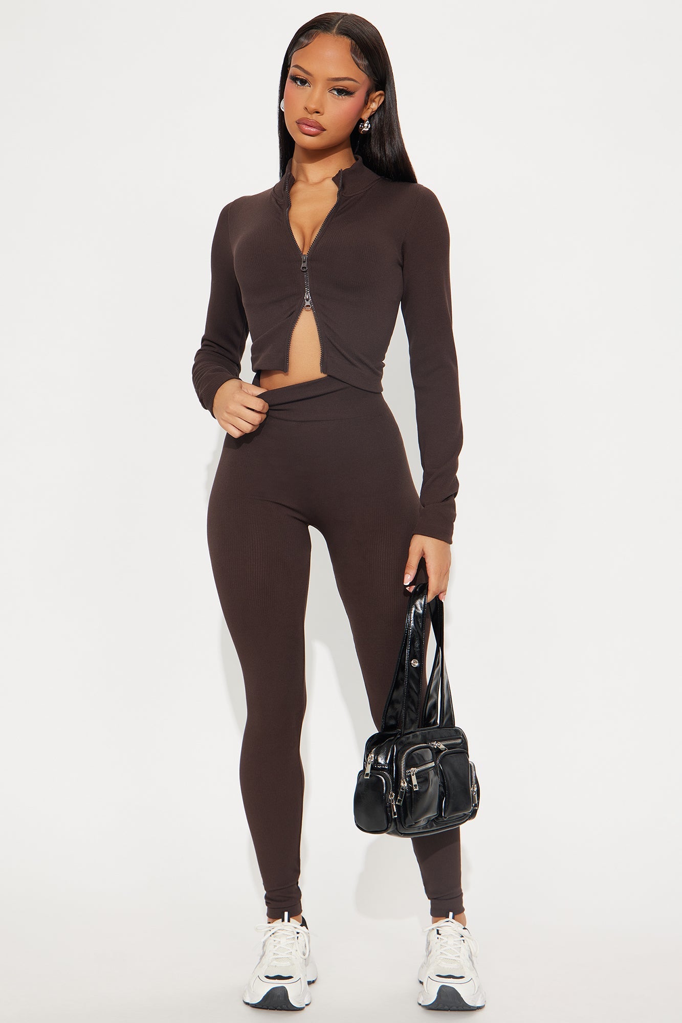Serena Seamless Zip Up Legging Set - Chocolate