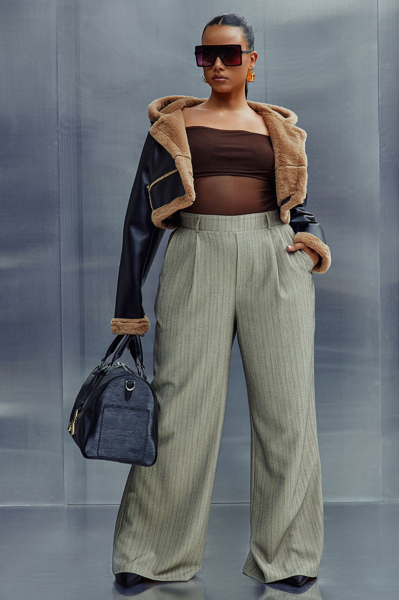 In Attendance Pinstripe Wide Leg Pant Set - Taupe