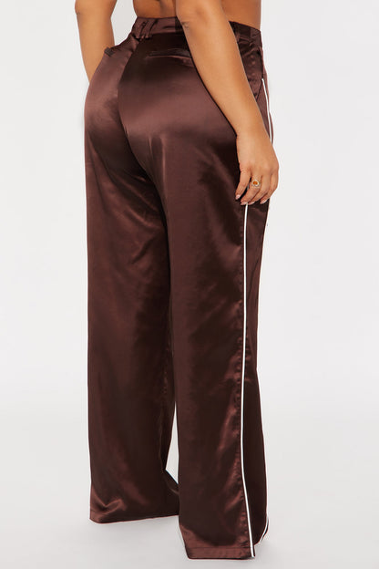 Keep Up With Me Satin Wide Leg Track Pant 33 - Chocolate/Combo