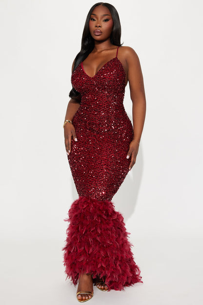 Zoey Spaghetti Strap Feathered Sequin Gown - Wine