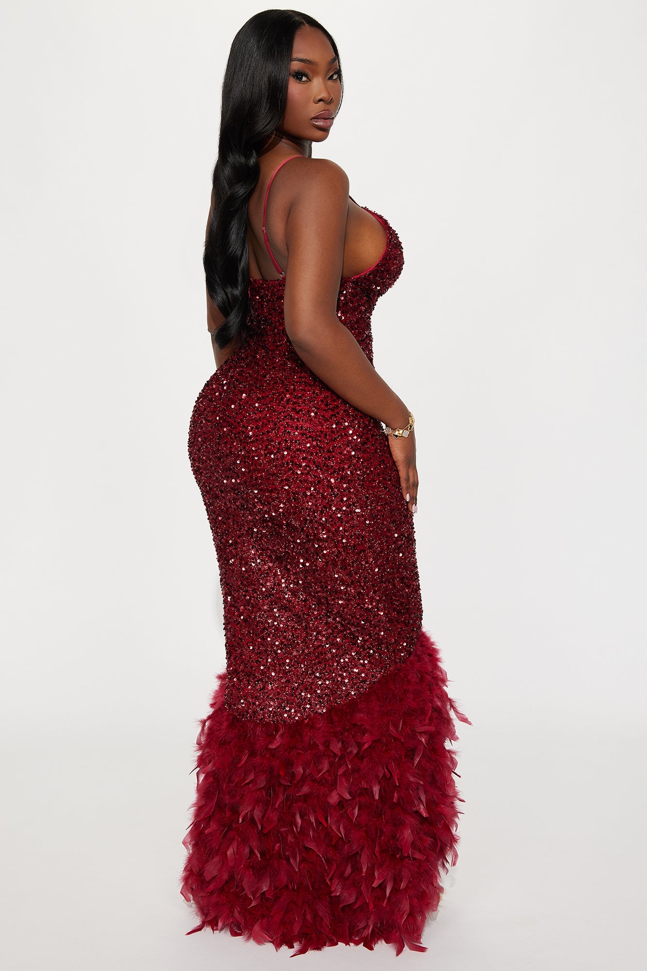 Zoey Spaghetti Strap Feathered Sequin Gown - Wine