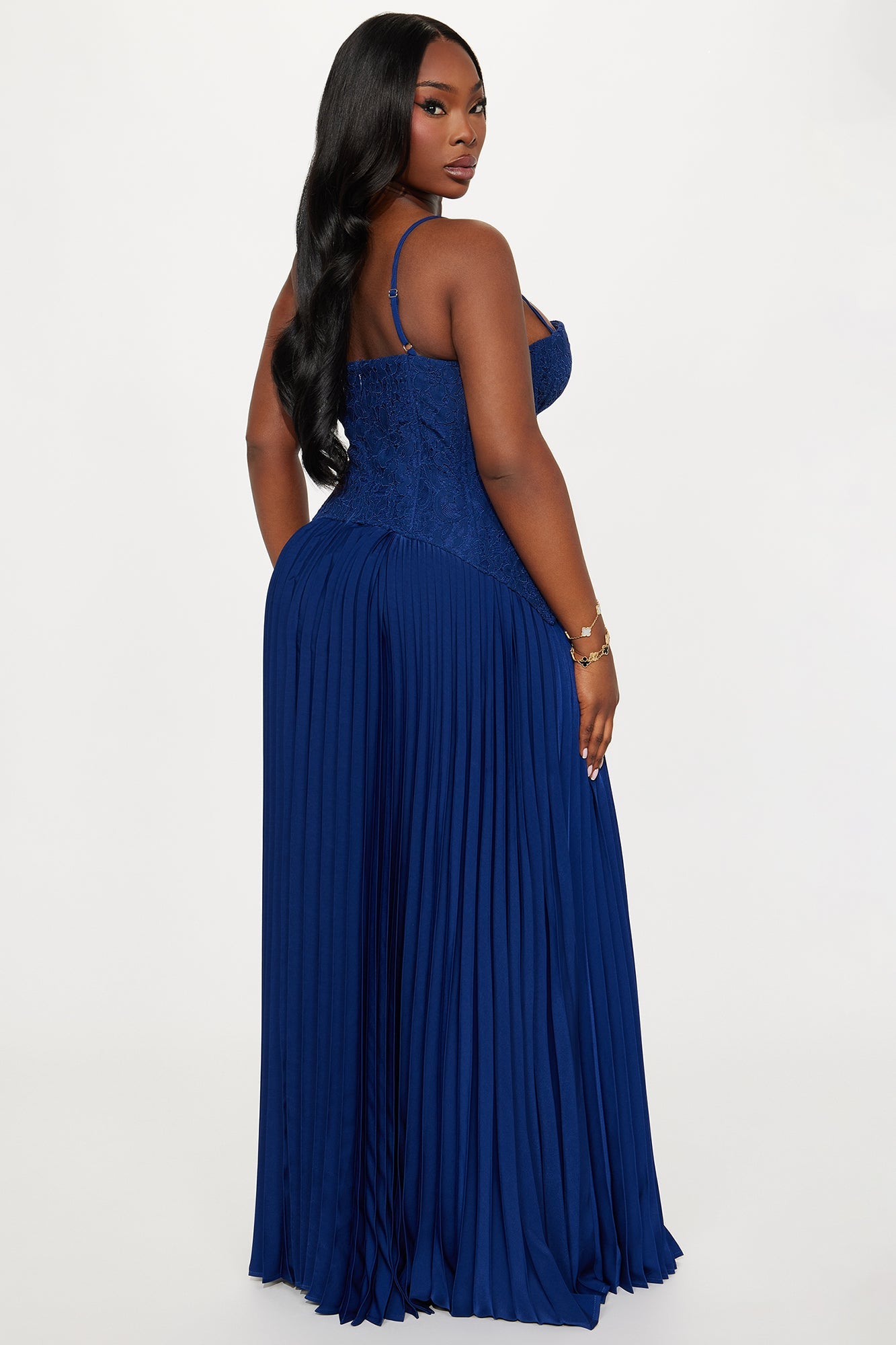 Daniella Lace Corset Pleated Maxi Dress - Navy