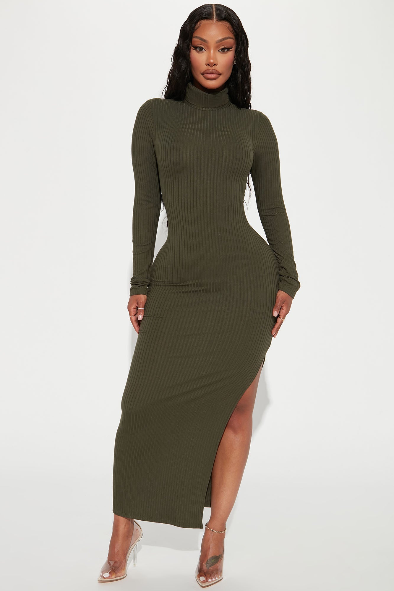 Monique Ribbed Maxi Dress - Olive
