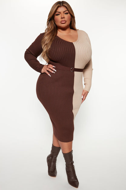 Autumn Calls Colorblock Sweater Midi Dress - Chocolate/Combo