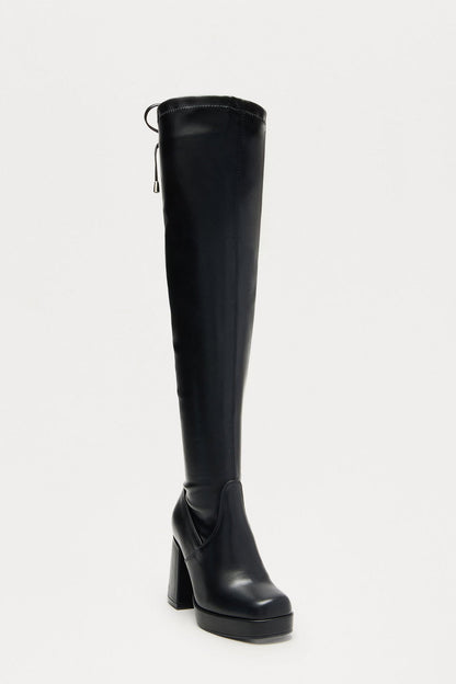 Dover Faux Leather Thigh High Boots - Black
