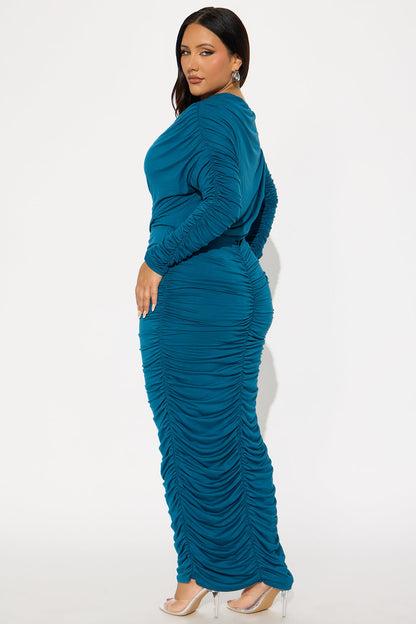 Hot Mess Ruched Maxi Dress - Teal